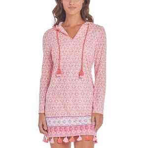 CABANA LIFE Pink-Coral Tassels Hooded Long Sleeves Cover Up UPF 50+